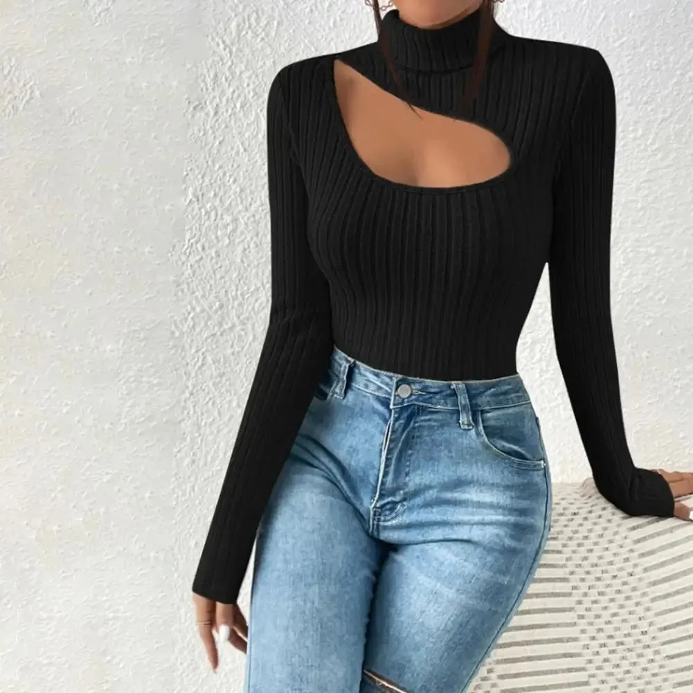 Fall Winter Hollow Out Collar Striped Knitted Elastic Slim Fit Blouse