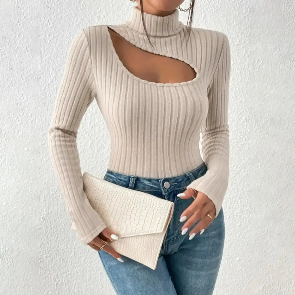 Fall Winter Hollow Out Collar Striped Knitted Elastic Slim Fit Blouse