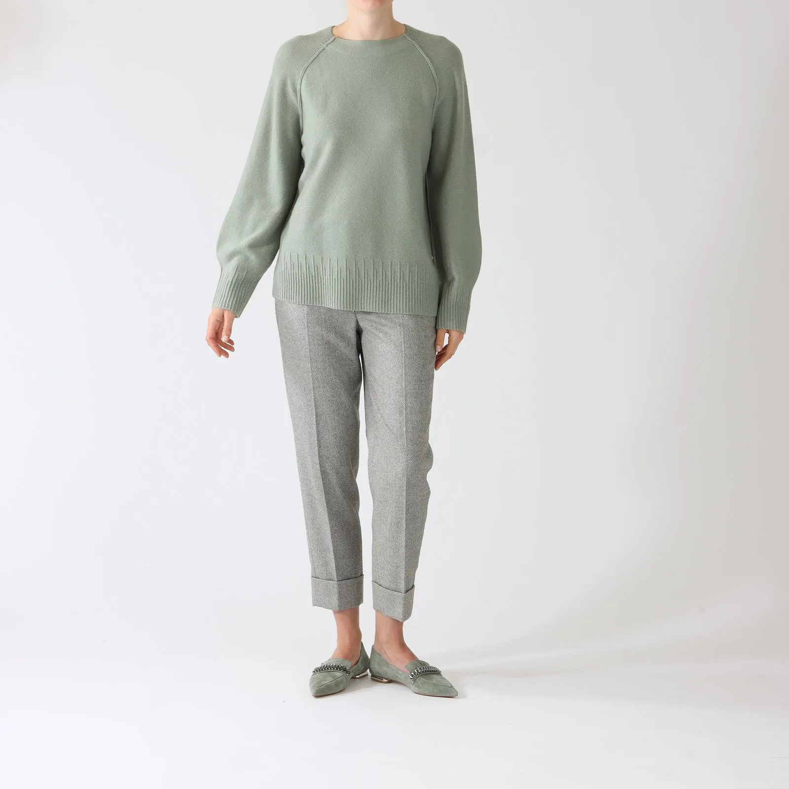 Frozen Sage Cashmere Blend Sweater With Rib Trim