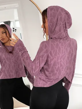 Geo Print Hooded Asymmetrical Hem Sports Sweatshirt - FD