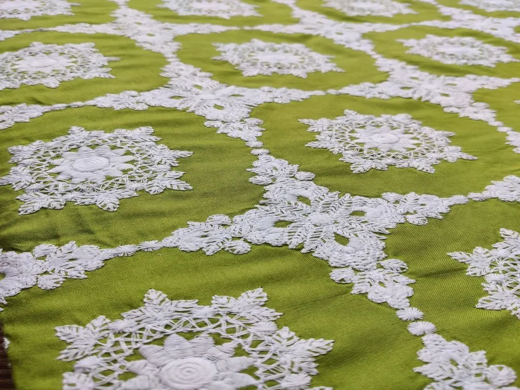 Green White Chikankari Flowers Embroidered Rayon Fabric