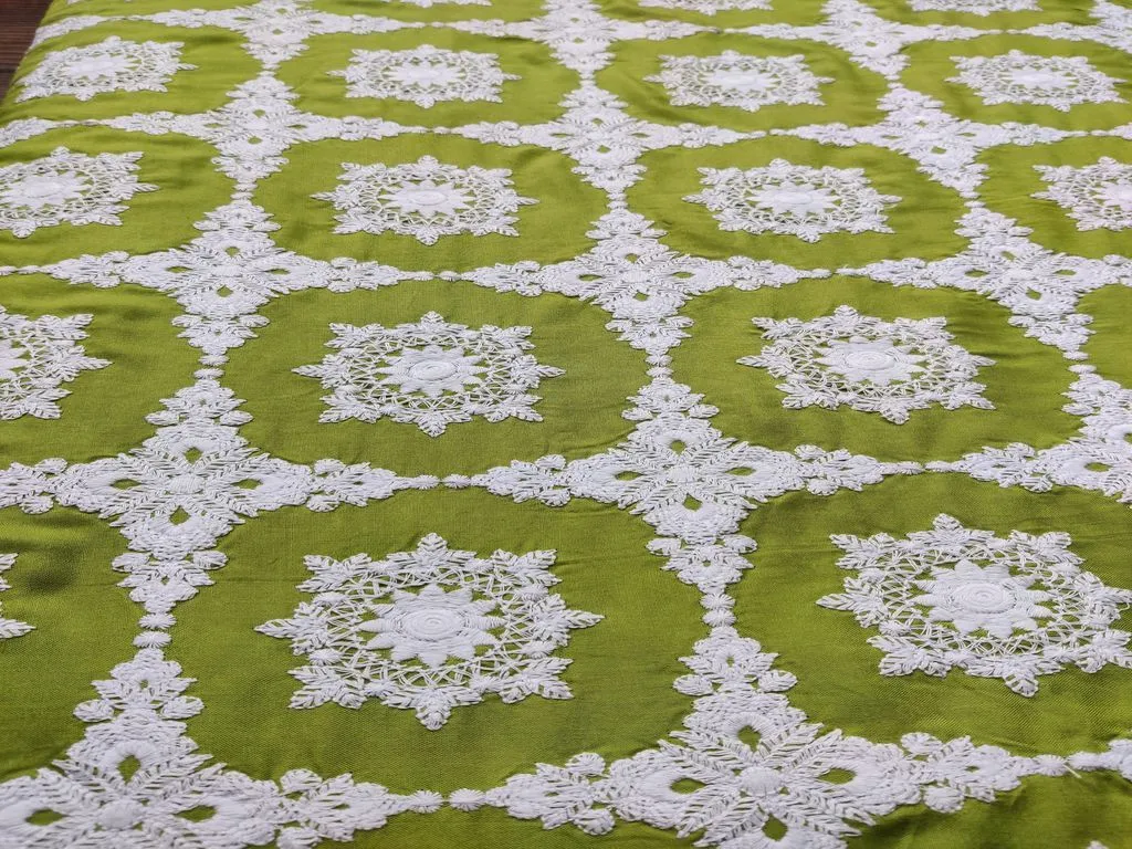 Green White Chikankari Flowers Embroidered Rayon Fabric