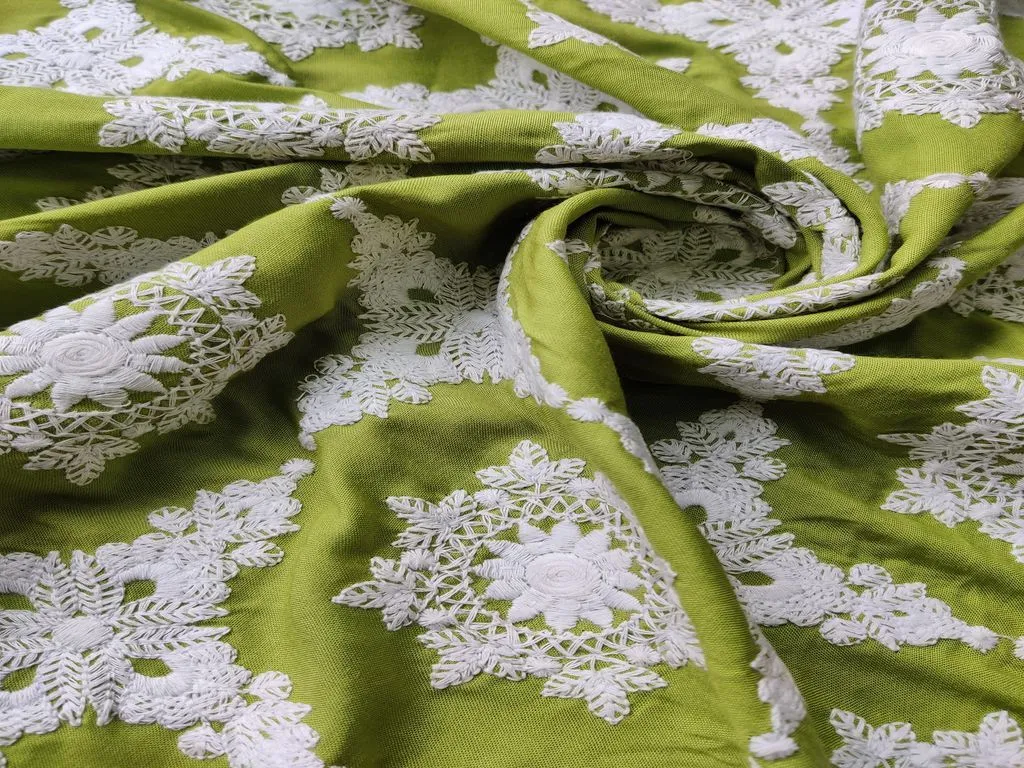 Green White Chikankari Flowers Embroidered Rayon Fabric