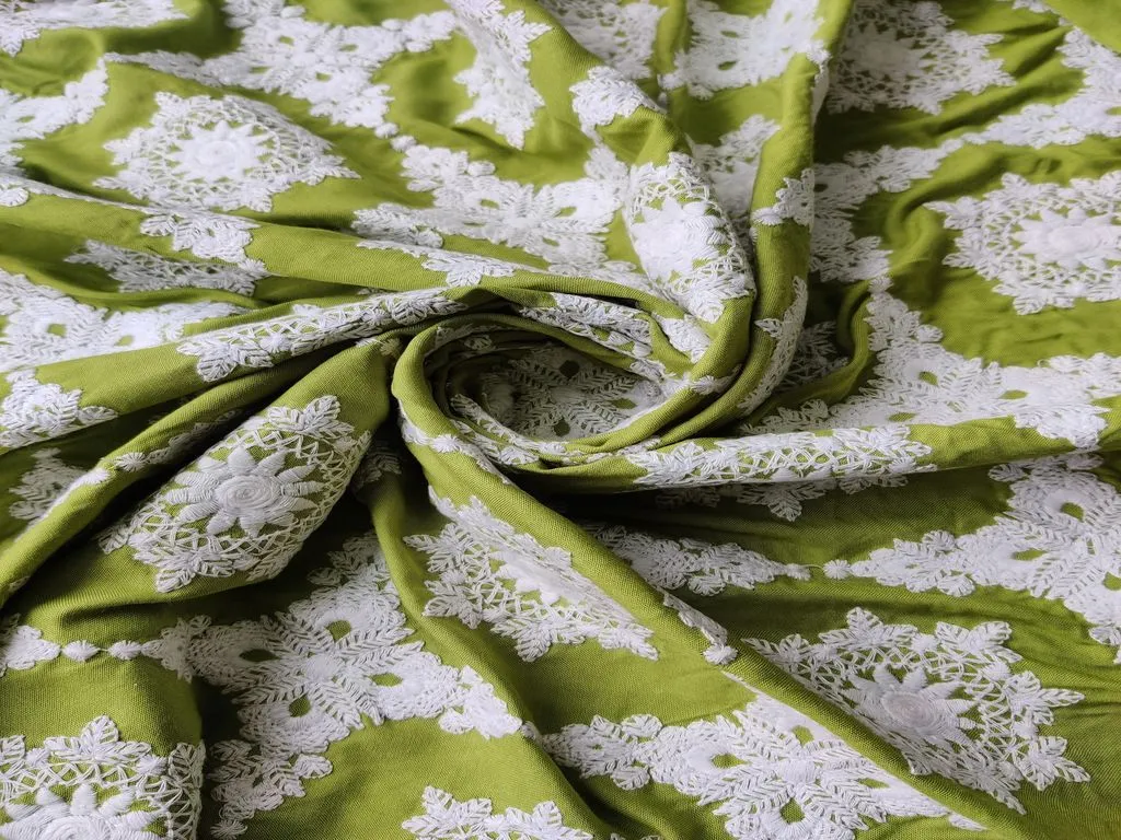 Green White Chikankari Flowers Embroidered Rayon Fabric