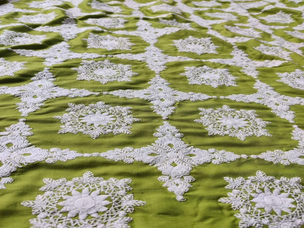 Green White Chikankari Flowers Embroidered Rayon Fabric