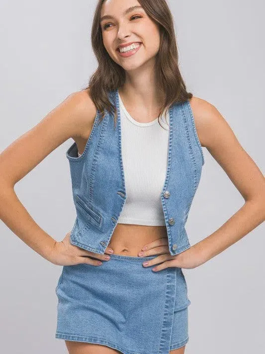 In Denim We Trust Buttoned Denim Vest Top