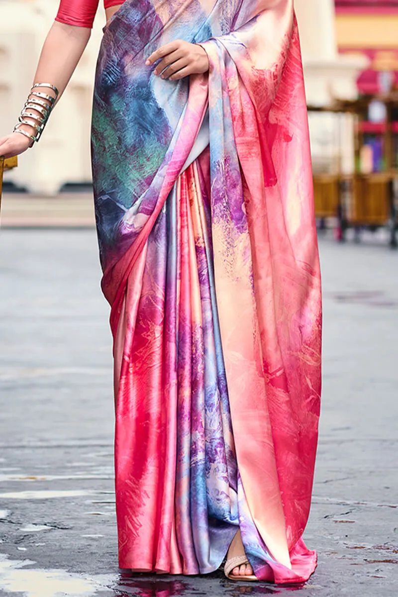 Incomparable Pink Digital Printed Satin Silk Saree With Majestic Blouse Piece