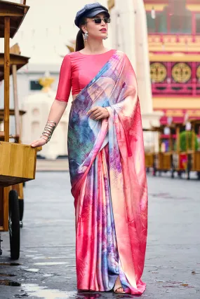 Incomparable Pink Digital Printed Satin Silk Saree With Majestic Blouse Piece