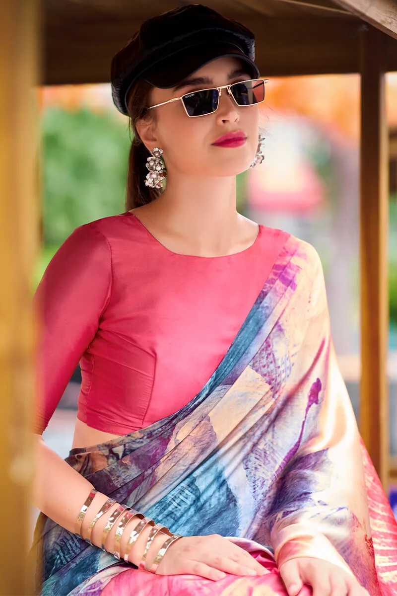 Incomparable Pink Digital Printed Satin Silk Saree With Majestic Blouse Piece