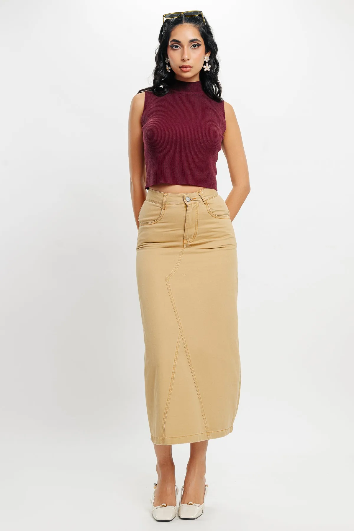 Khaki Denim Office Skirt