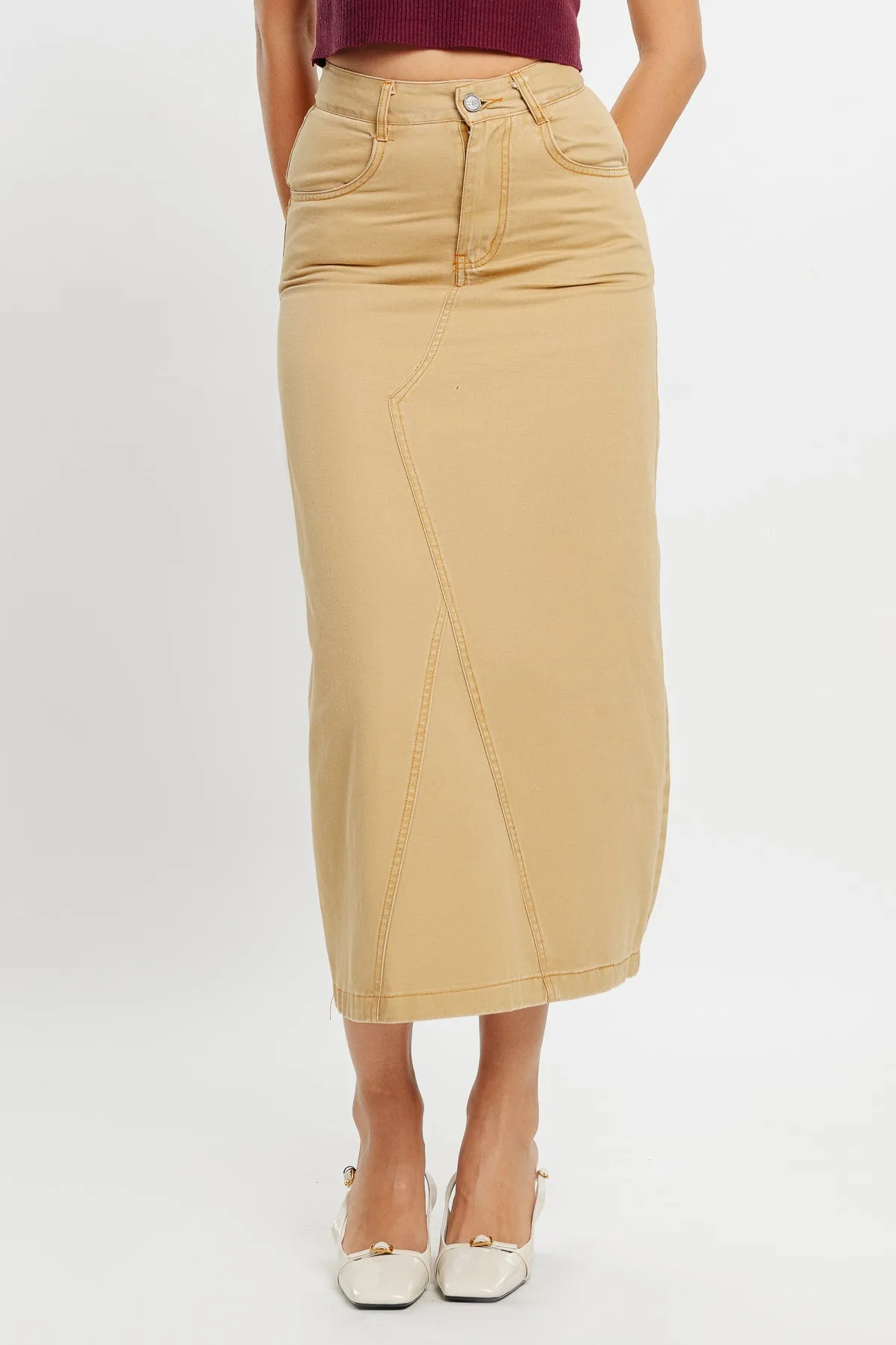 Khaki Denim Office Skirt