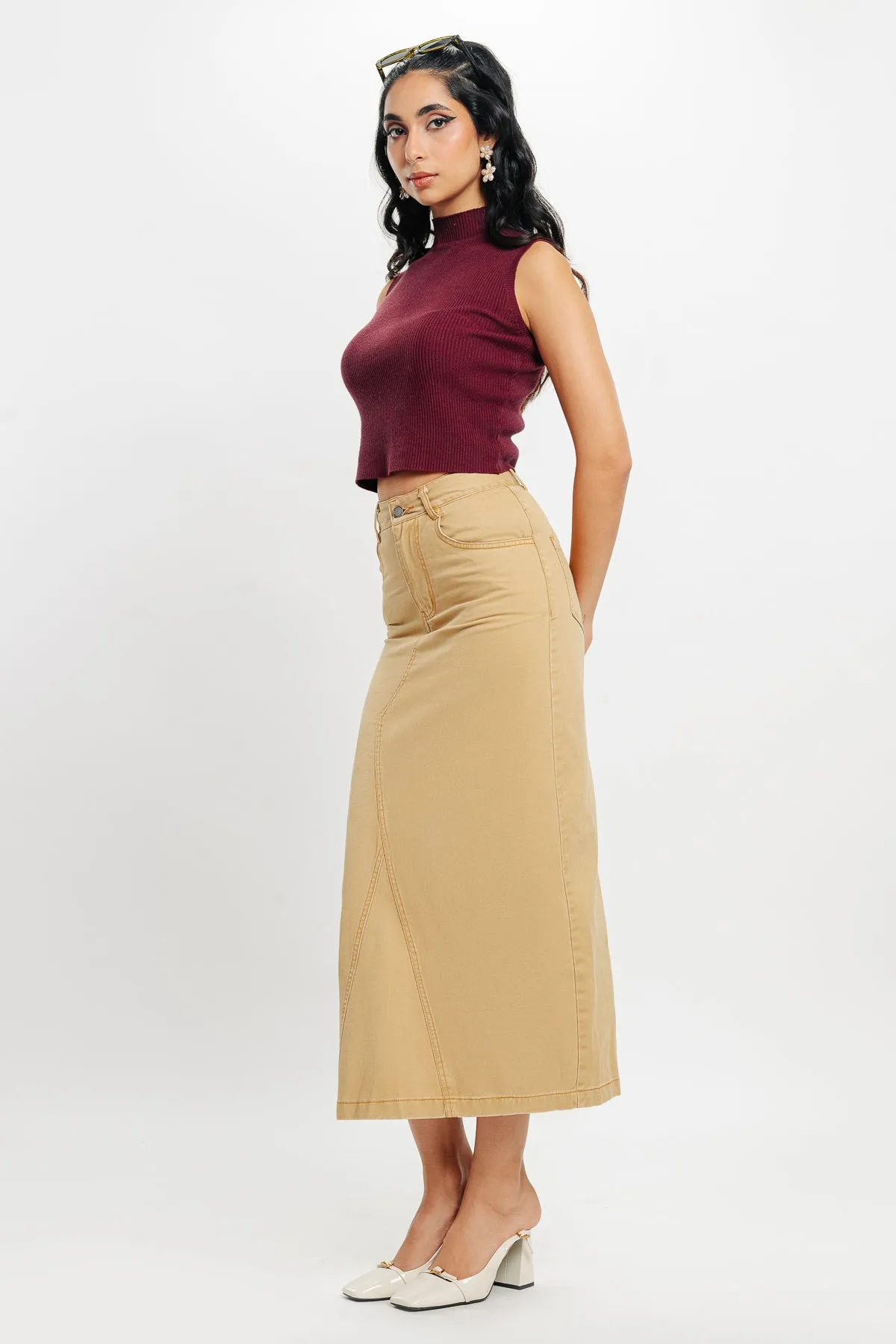 Khaki Denim Office Skirt