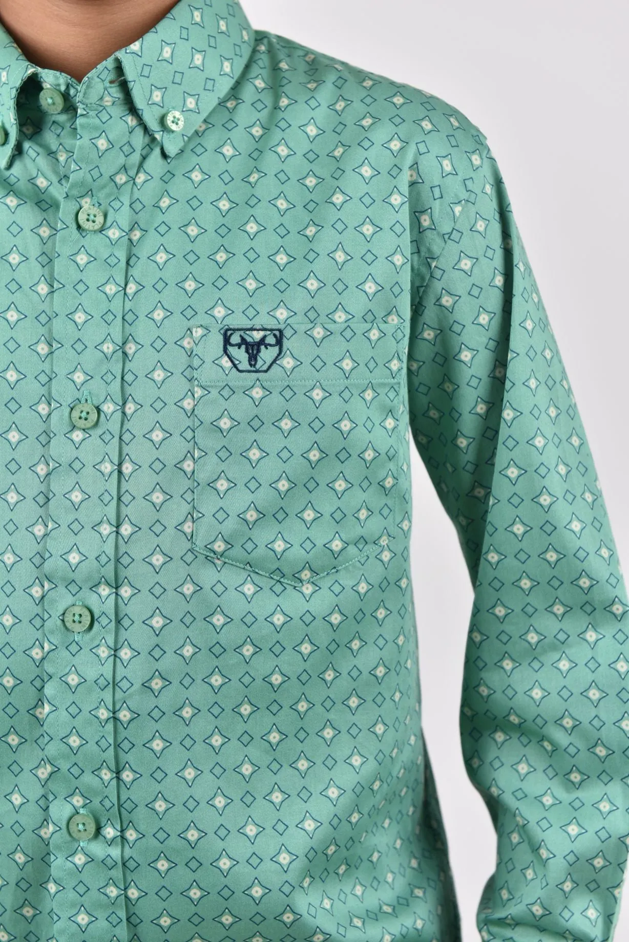 Kid's Cotton Green Monogram Digital Print Dress Shirt