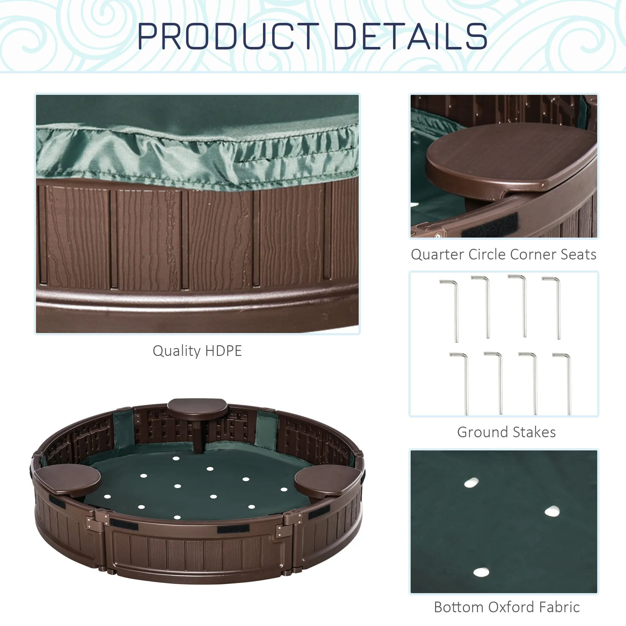 Kids Outdoor Round Sandbox w/ Waterproof Oxford Canopy Bottom Fabric Liner Children Playset for 3-12 years old Backyard Brown