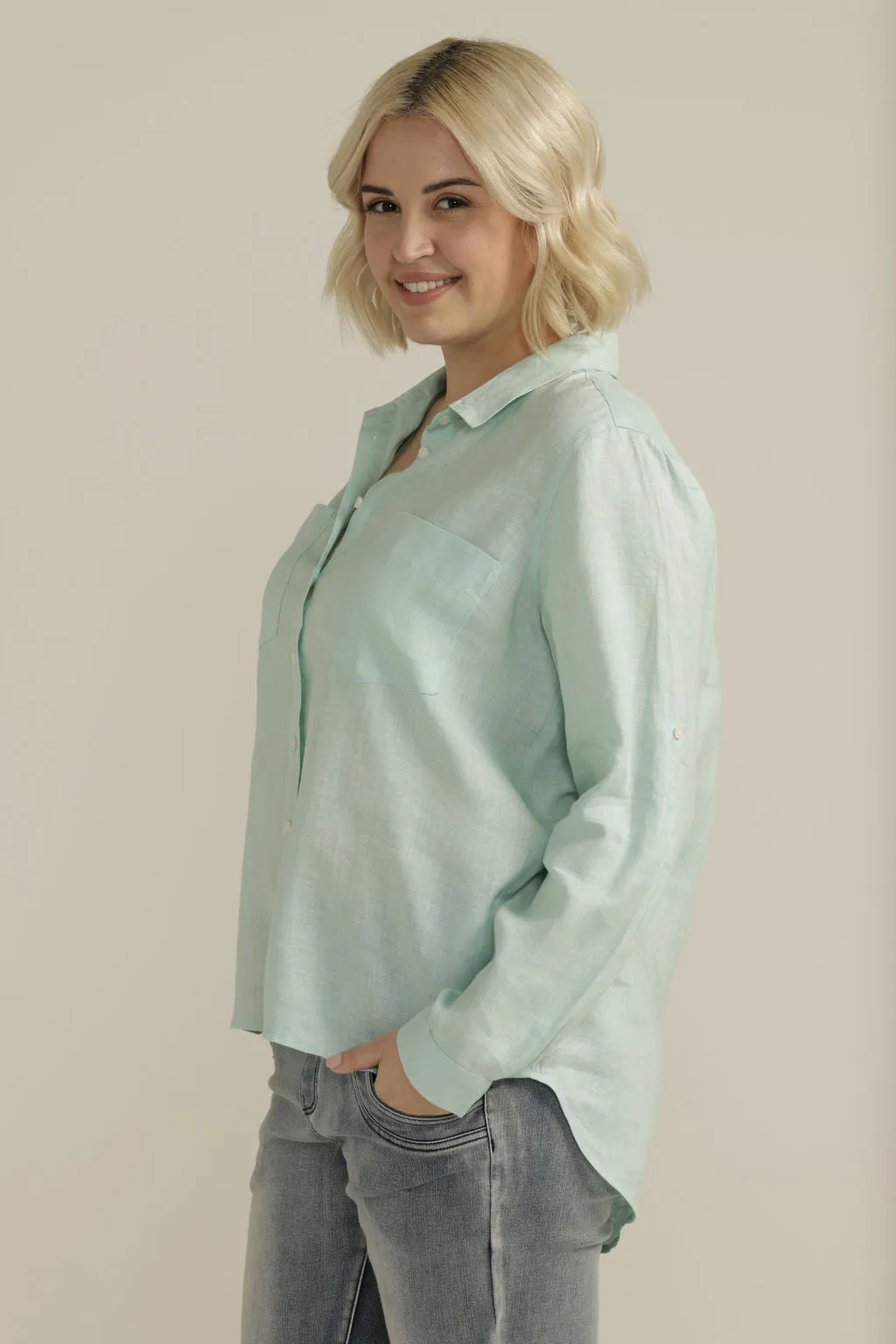 Linen Long Sleeve Pocket Shirt Ocean