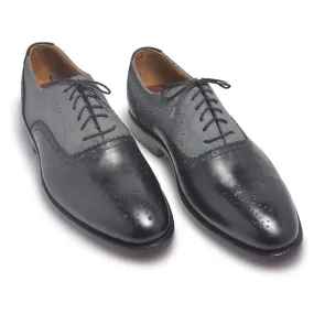 Men Black Gray Brogue Two Tone Genuine & Suede Leather Shoes