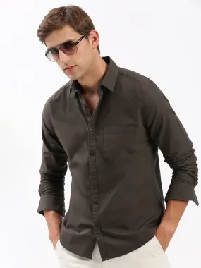 Men Spread Collar Solid Olive Shirt