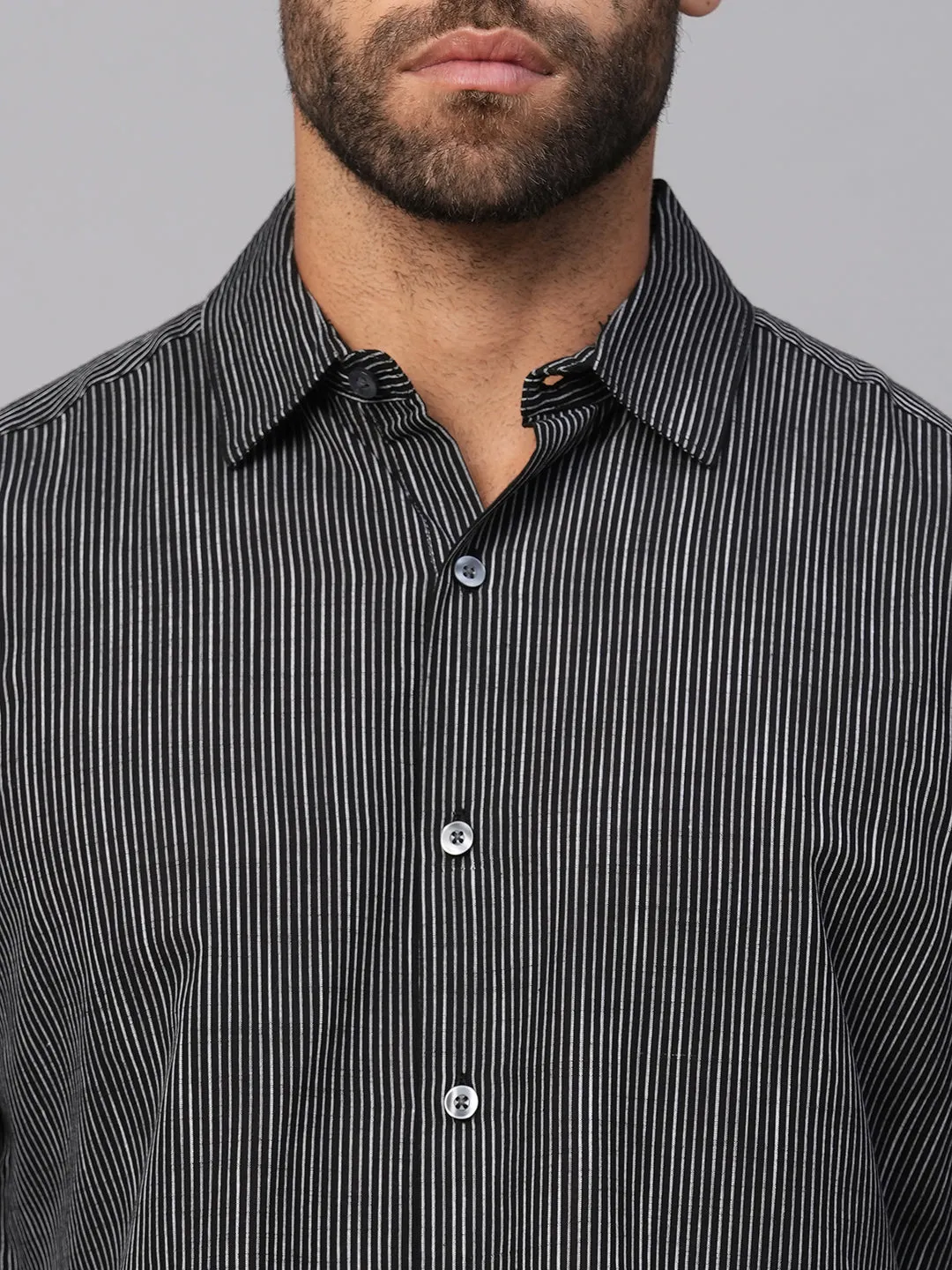 Men's Black/White Cotton Slim Fit Striped Shirt