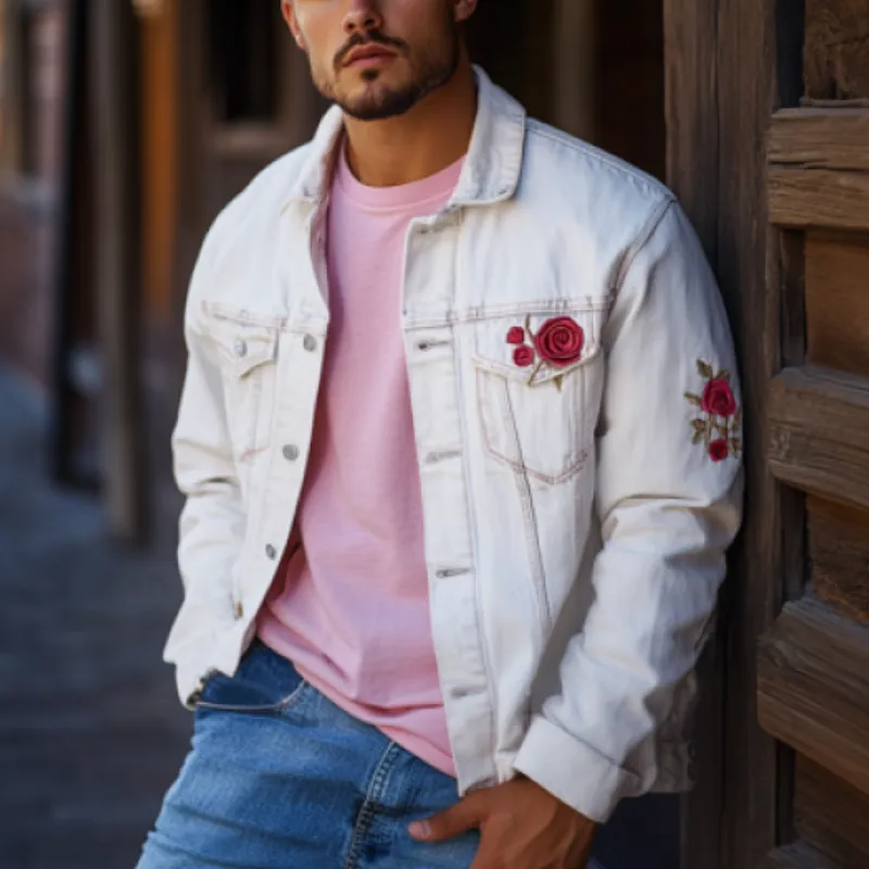 Men's Classic Casual Denim Rose Embroidered Lapel Jacket 56049642K