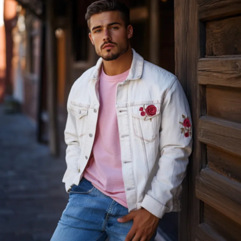 Men's Classic Casual Denim Rose Embroidered Lapel Jacket 56049642K