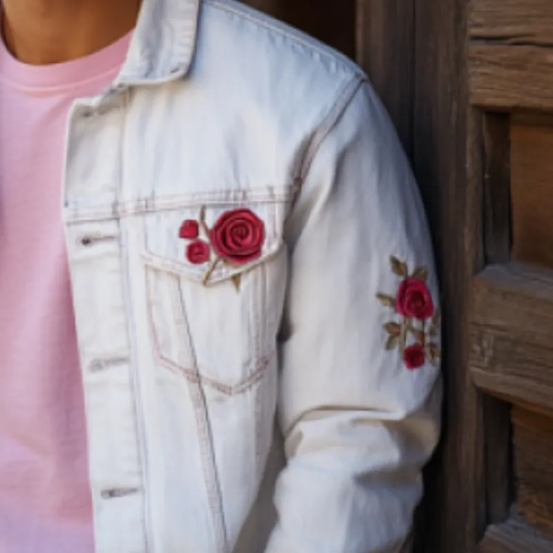 Men's Classic Casual Denim Rose Embroidered Lapel Jacket 56049642K