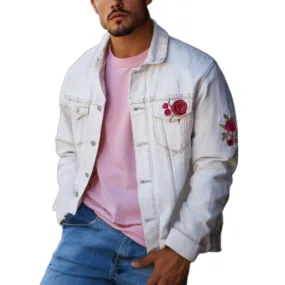 Men's Classic Casual Denim Rose Embroidered Lapel Jacket 56049642K