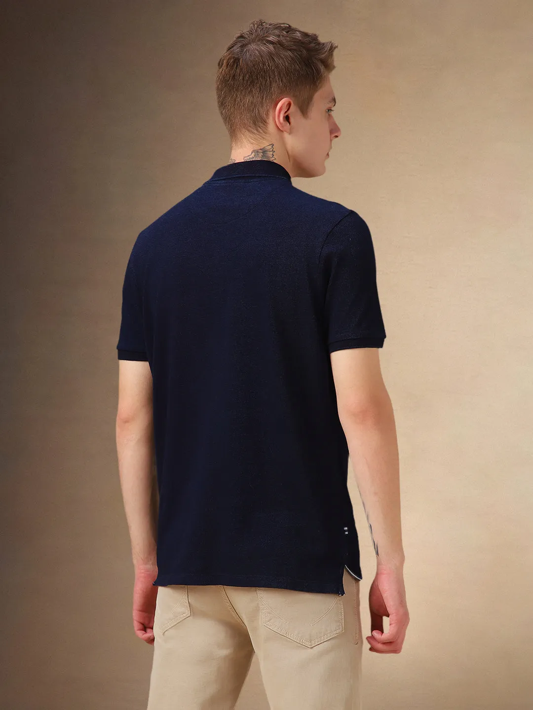 Men's Dark Blue Solid Polo Collar Half Sleeves T-shirt