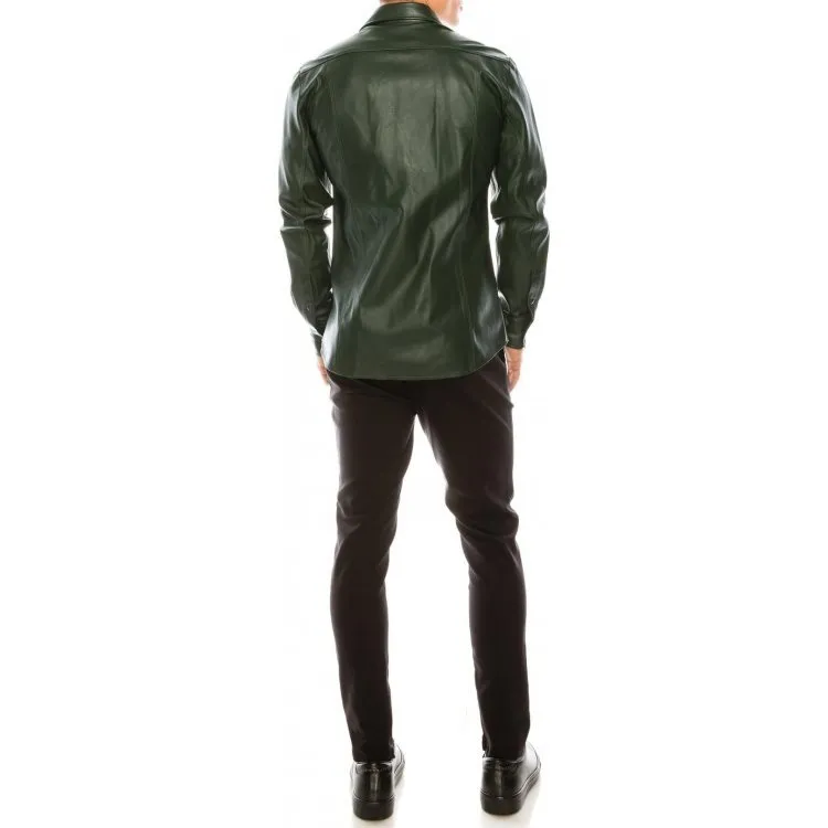 Mens Fashion Wear Real Sheepskin Green Leather Shirt