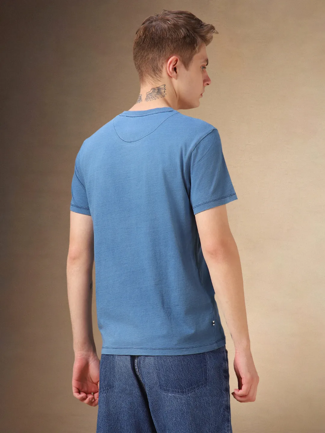 Men's Light Blue Striped Round Neck Half Sleeves T-shirt