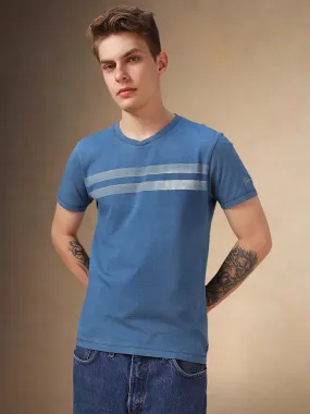 Men's Light Blue Striped Round Neck Half Sleeves T-shirt