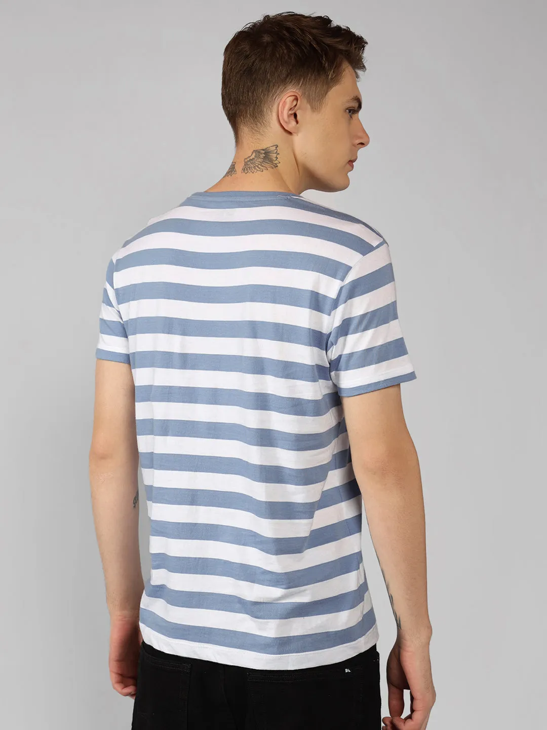 Men's Mid Blue Striped Crew Neck Half sleeve Regular fit T-Shirt