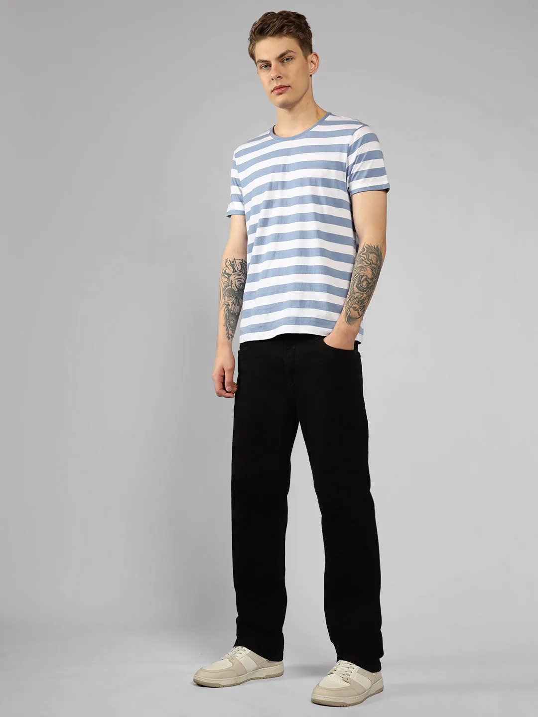 Men's Mid Blue Striped Crew Neck Half sleeve Regular fit T-Shirt