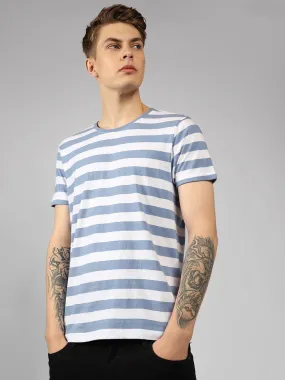 Men's Mid Blue Striped Crew Neck Half sleeve Regular fit T-Shirt