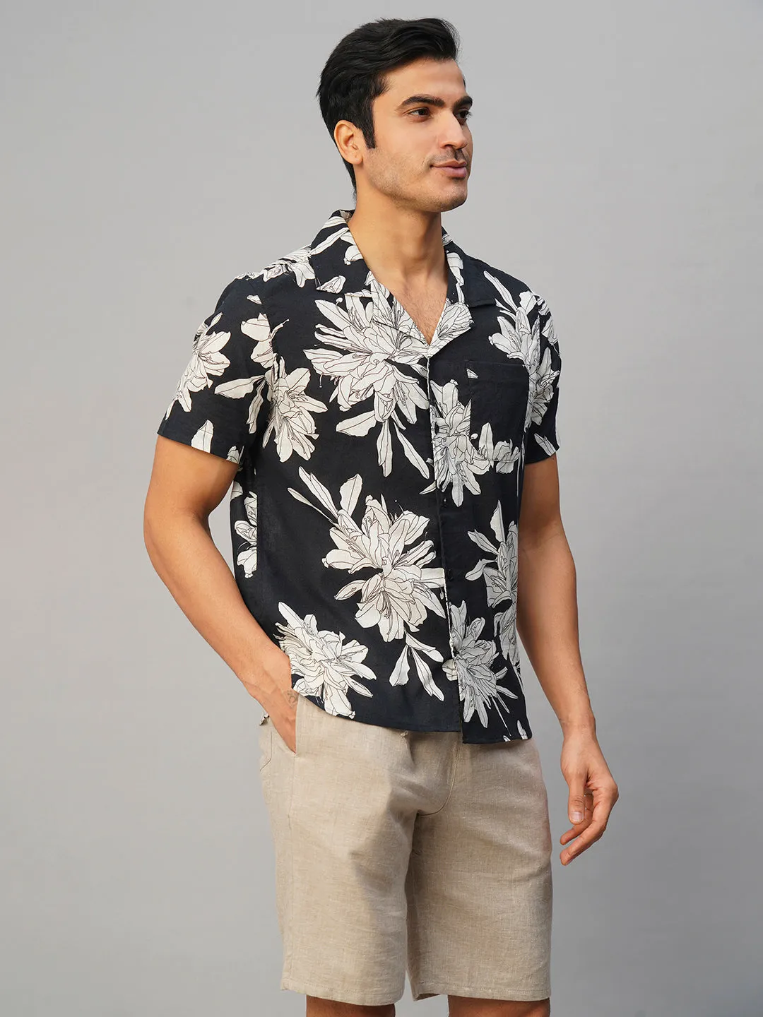 Men's Navy Cotton Flax Loose Fit Printed Shirt