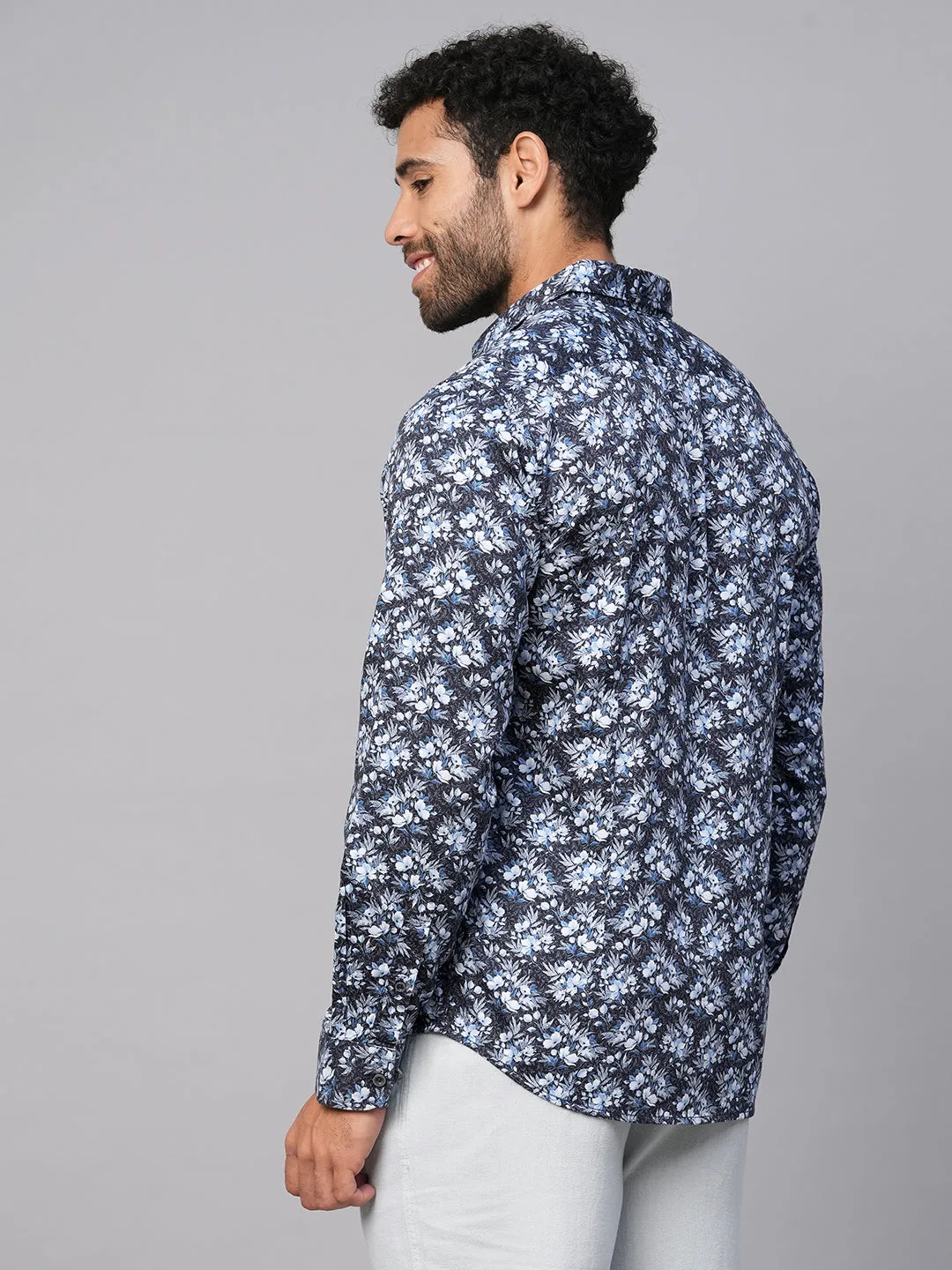 Men's Navy Cotton Slim Fit Printed Shirt