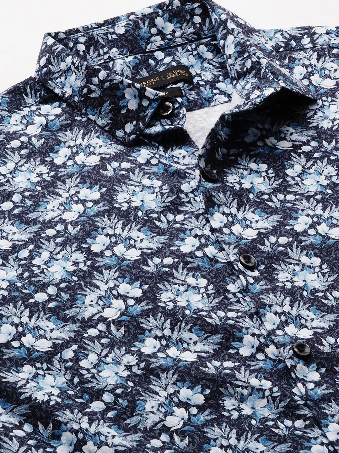 Men's Navy Cotton Slim Fit Printed Shirt