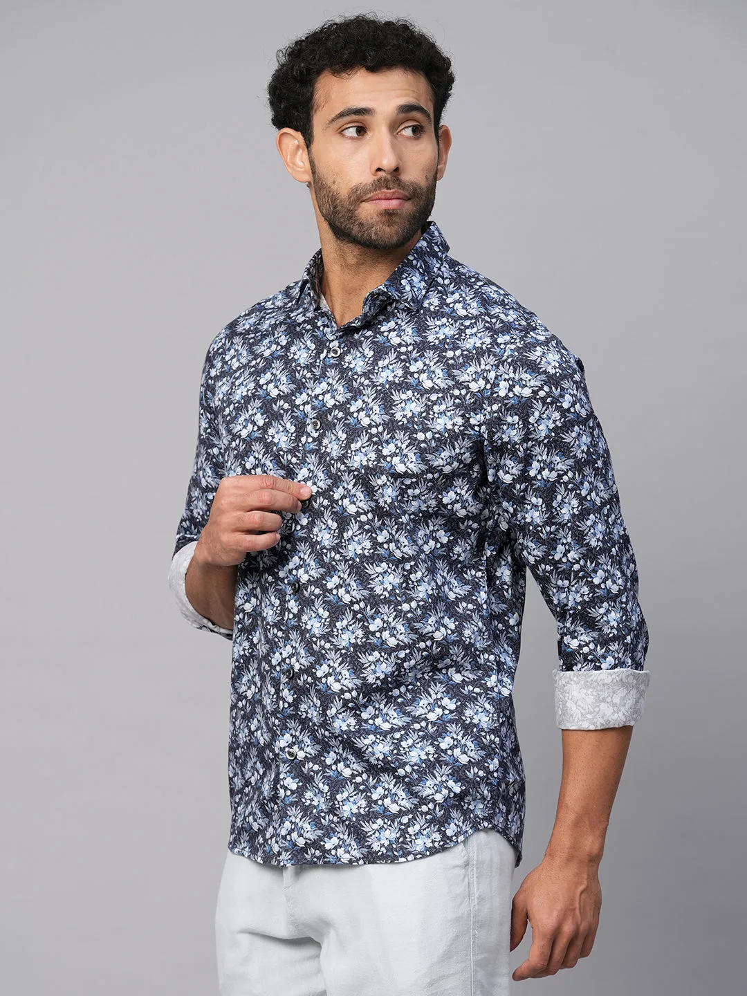 Men's Navy Cotton Slim Fit Printed Shirt