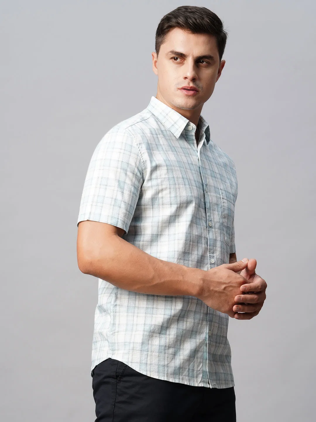 Men's Offwhite Cotton Regular Fit Checked Shirt