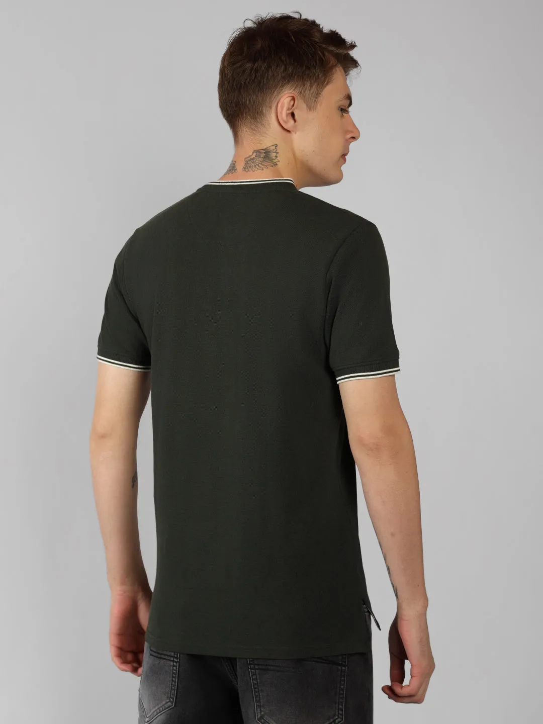 Men's Olive Solid Henley Neck Half Sleeve Casual T-Shirt