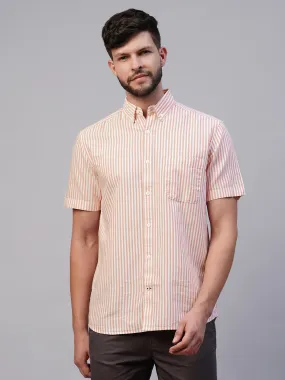 Men's Orange Oxford Cotton Striped Regular Fit Short Sleeved Shirt