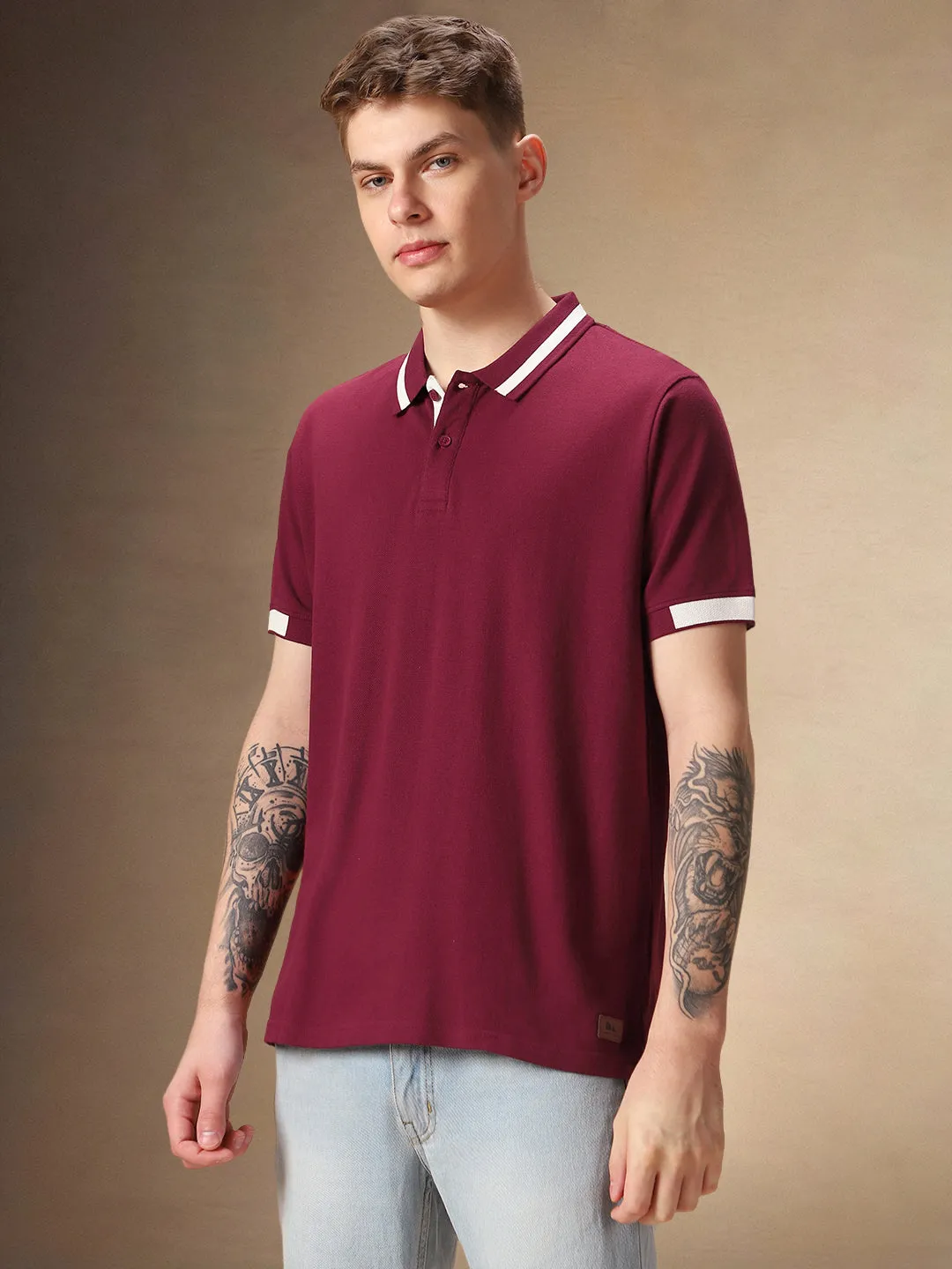 Men's Polo Collar Solid Maroon Half Sleeves T-shirt