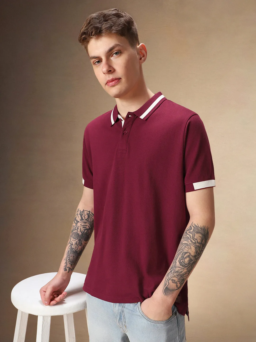 Men's Polo Collar Solid Maroon Half Sleeves T-shirt