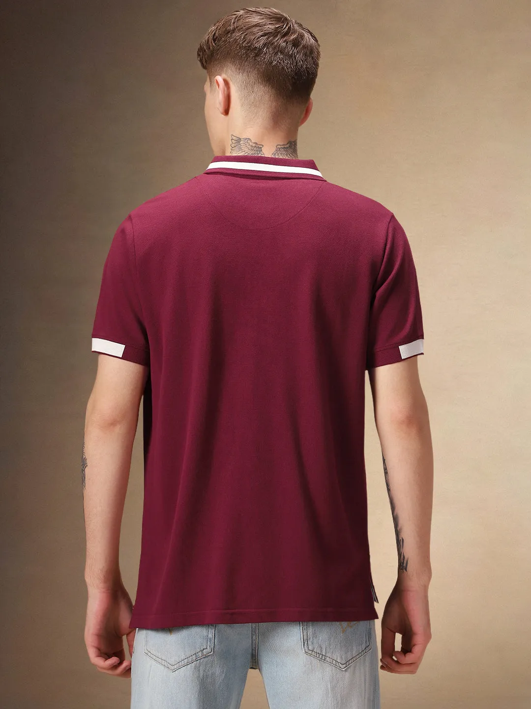 Men's Polo Collar Solid Maroon Half Sleeves T-shirt