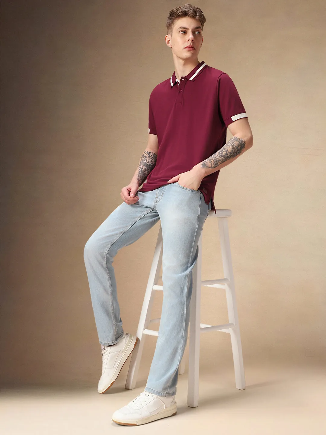 Men's Polo Collar Solid Maroon Half Sleeves T-shirt