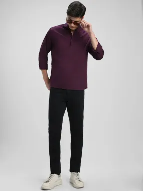 Men's Pop Over Mandarin Collar Slim Fit Solid Purple Casual Shirts