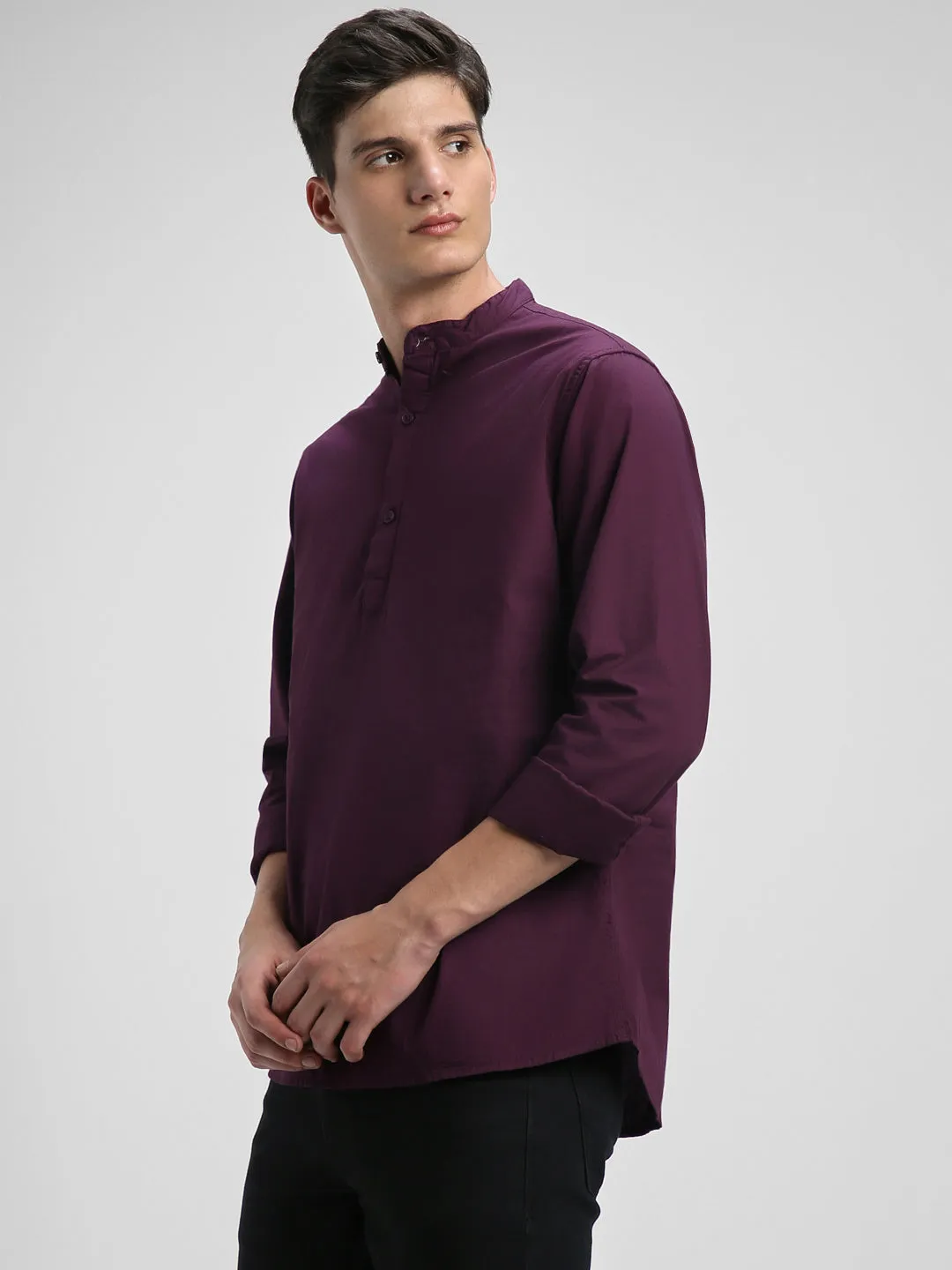 Men's Pop Over Mandarin Collar Slim Fit Solid Purple Casual Shirts