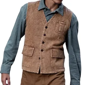 Men's Retro Washed Single-Breasted Denim Vest 35391949Y