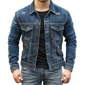 Men's Ripped Single Breasted Lapel Denim Jacket 89789274X