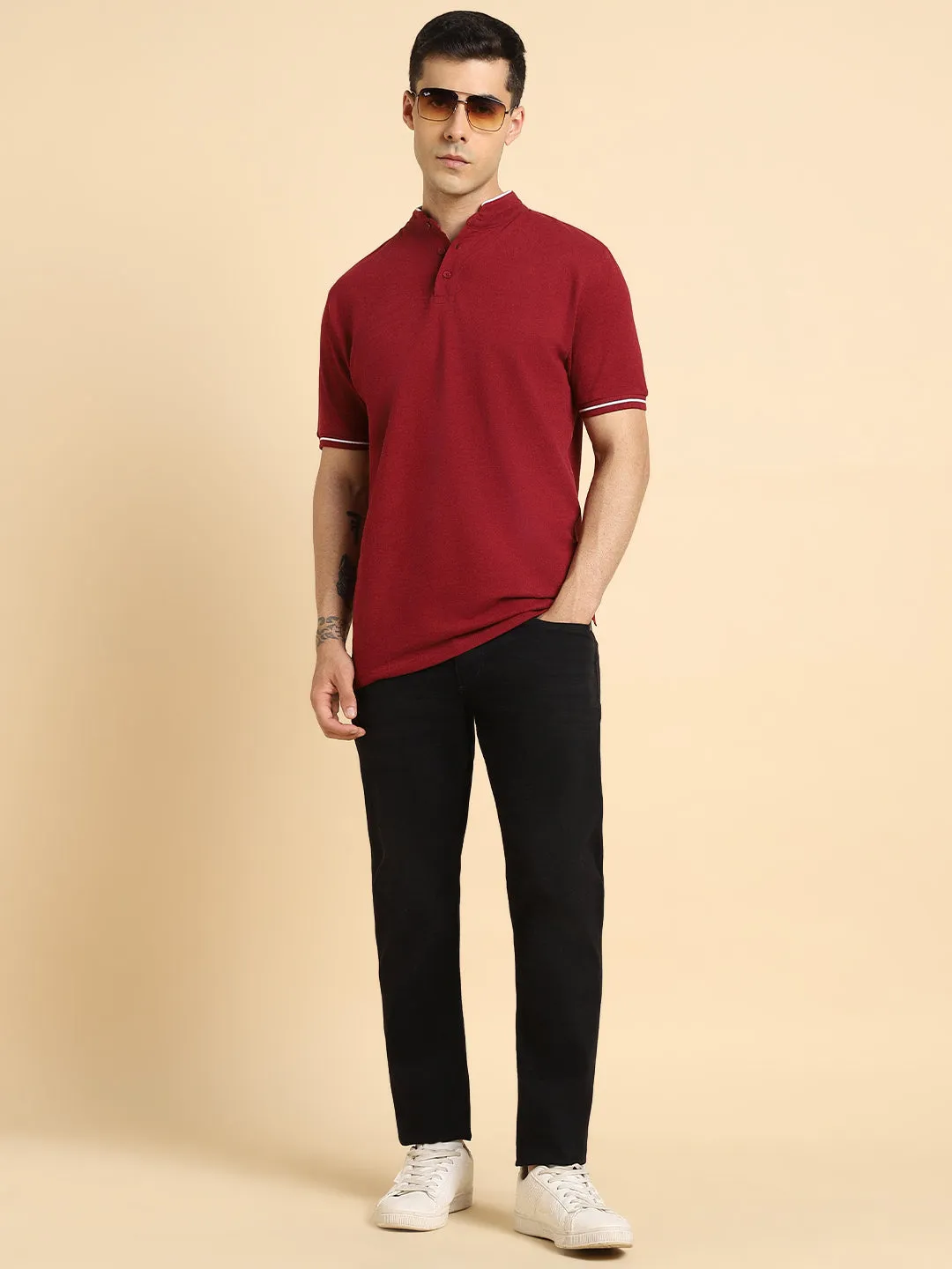 Men's Solid Maroon Polo Collar T-shirt