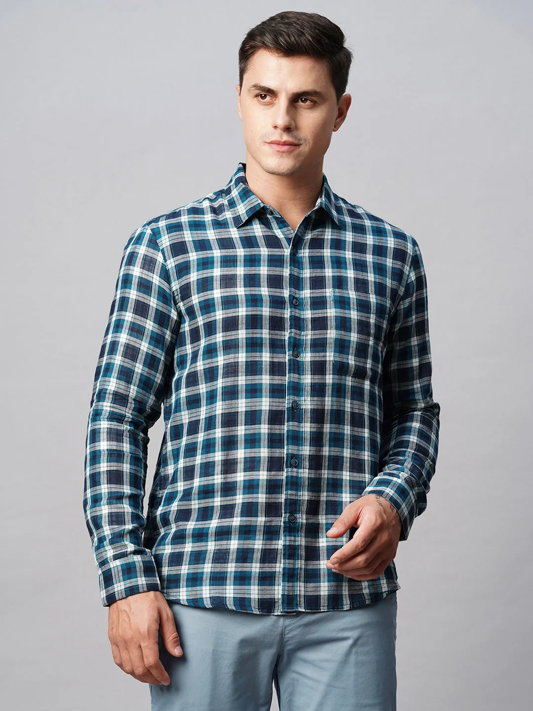 Men's Teal Cotton Regular Fit Checked Shirt